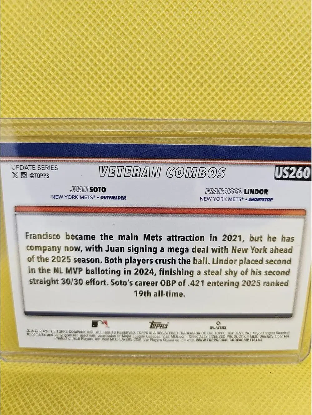 Juan Soto/ Francisco Lindor- 2025 Topps Update  #US260 - Mets - RAW Mint - Picture 2 of 2